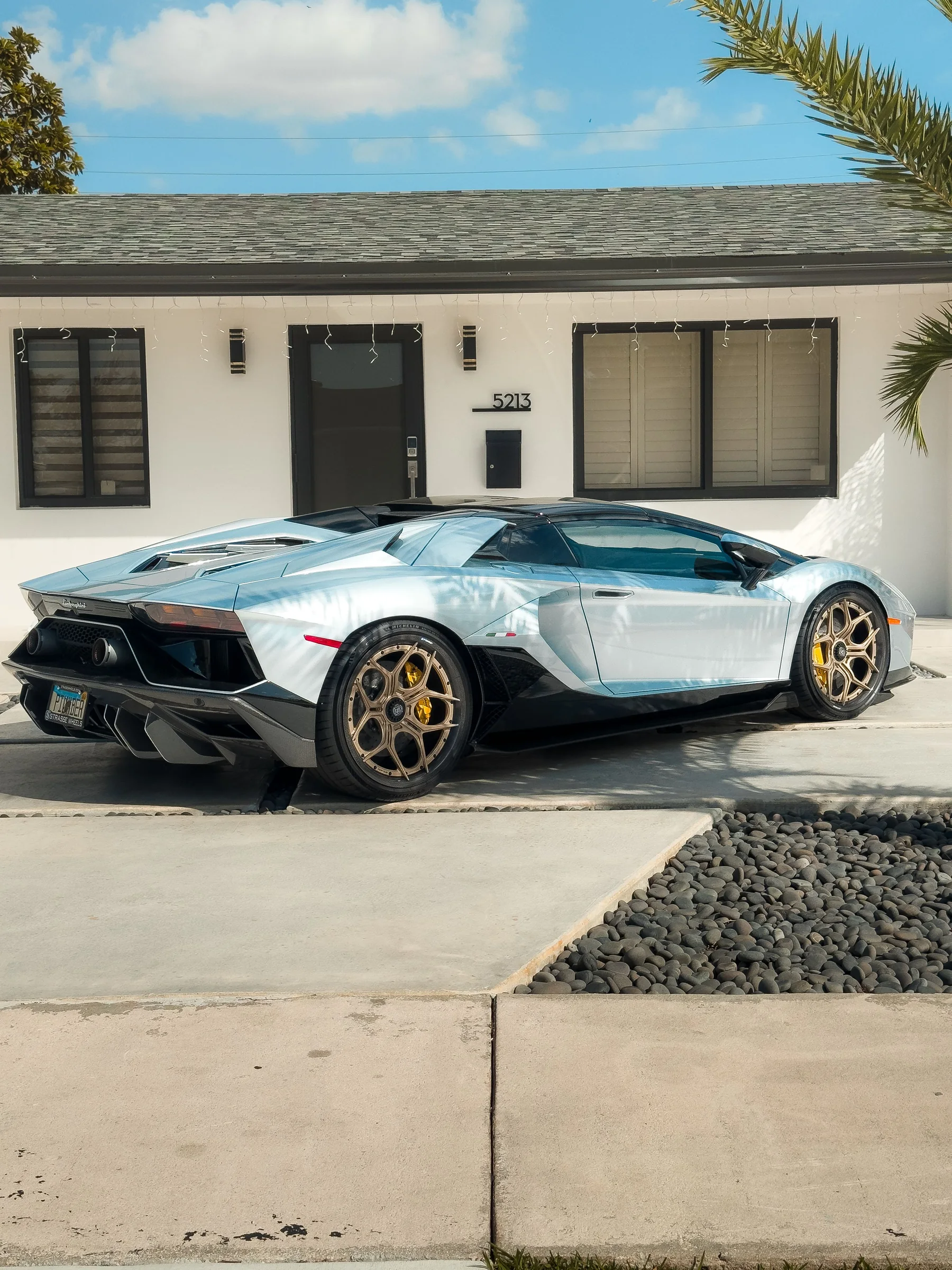 Wrapped exotic car on a modern driveway