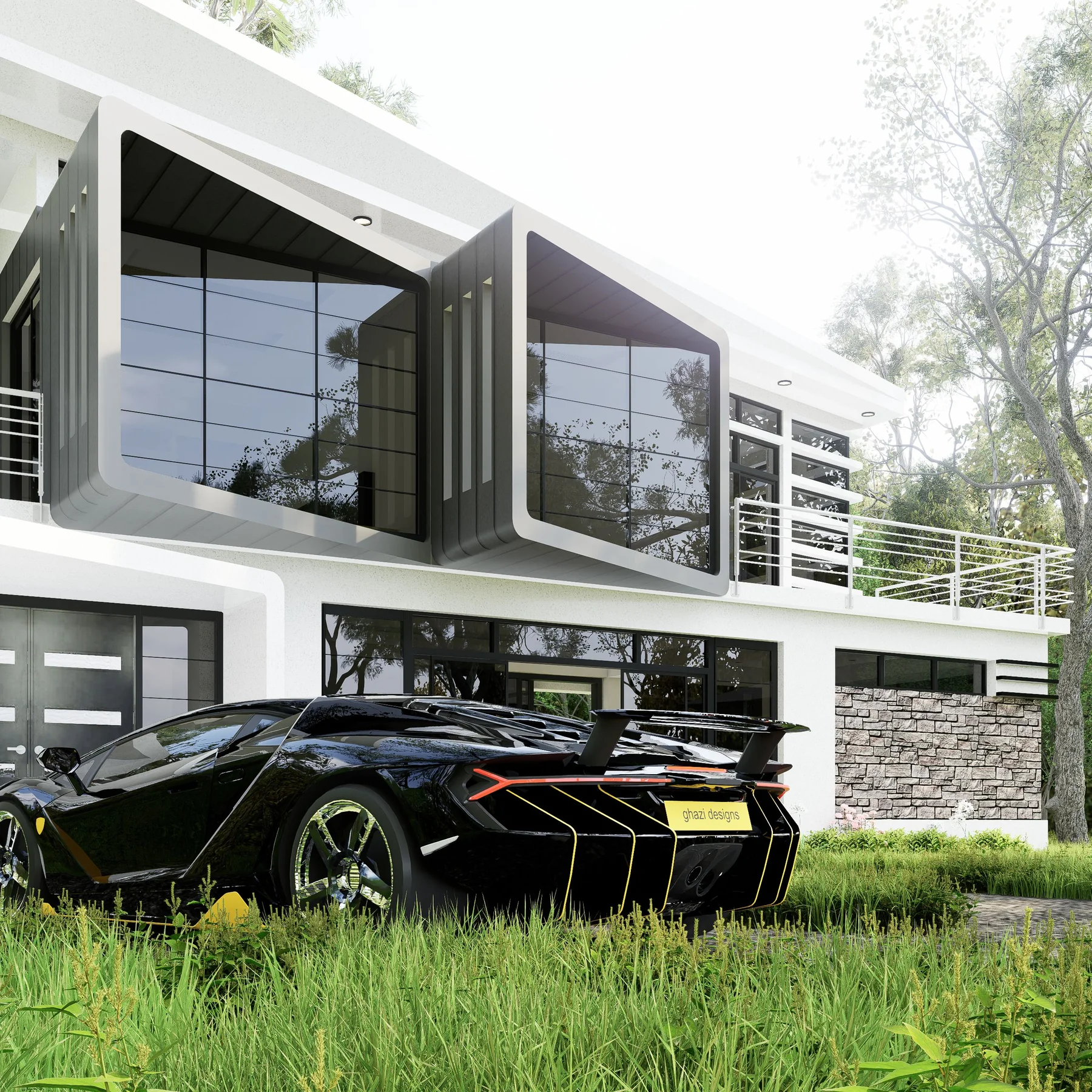Luxury car outside a modern estate