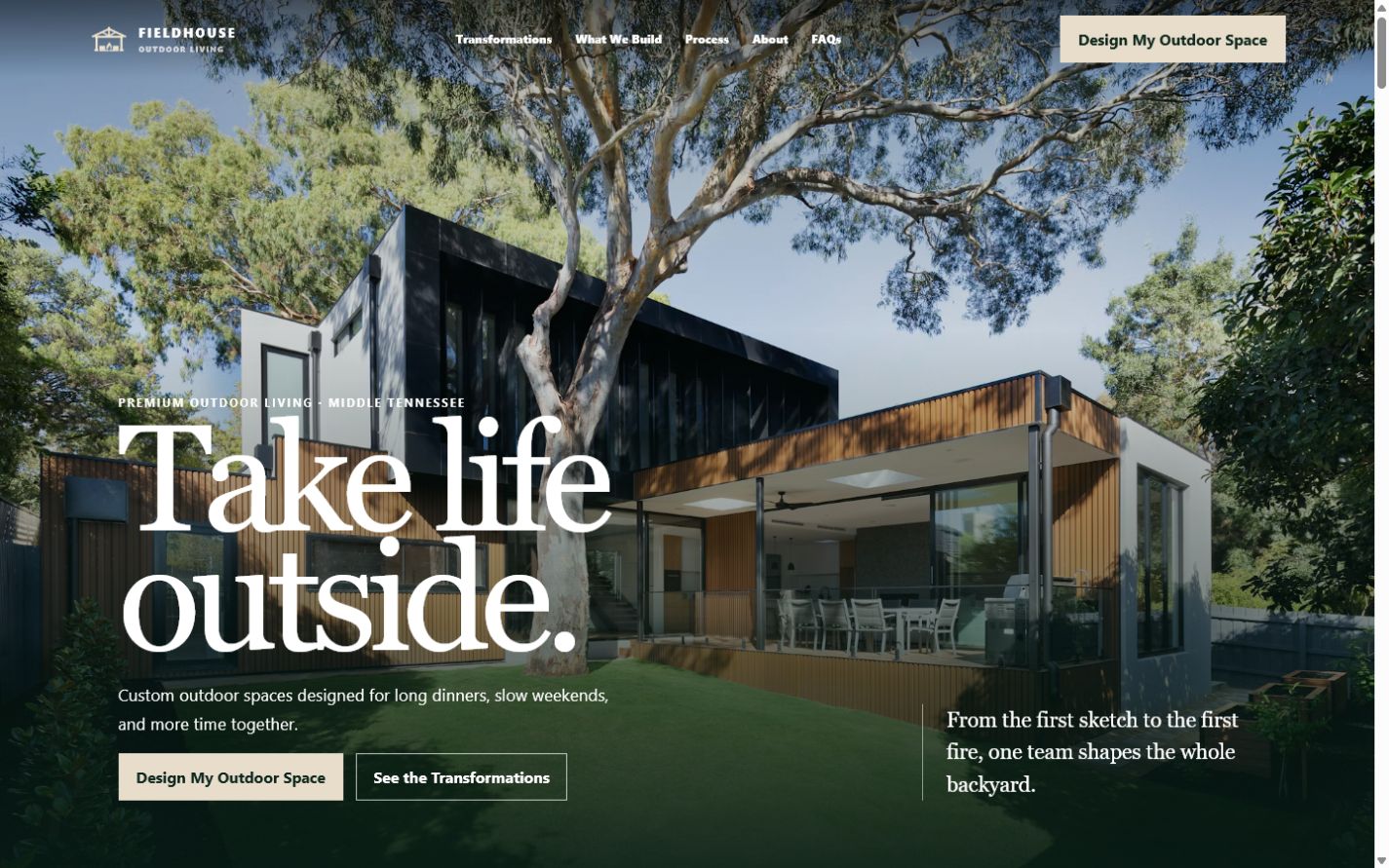 Fieldhouse Outdoor Living website homepage